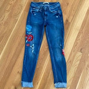 Zara denim with floral embroidery and slight rips